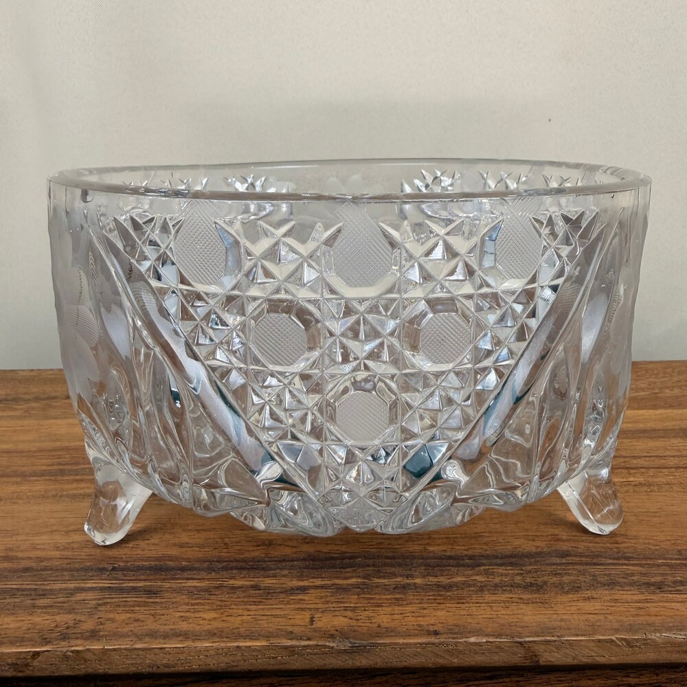 Vintage Clear Glass Footed Ferner Bowl Floral Pattern Decorative Serving Dish